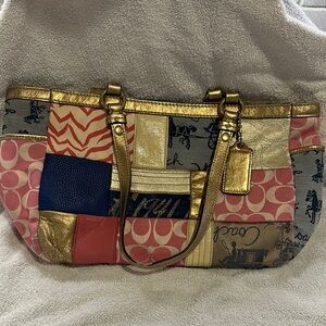 Coach Pink and Gold Patchwork Shoulder Bag